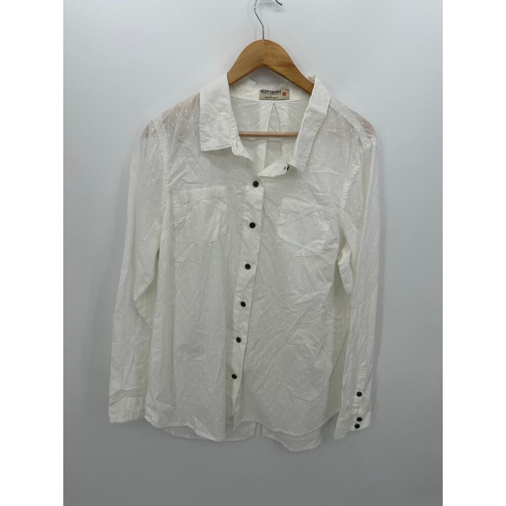 Ruffhewn‎ Womens Button Front Shirt Size L Sheer Swiss Dot Quiet Luxury Coastal
